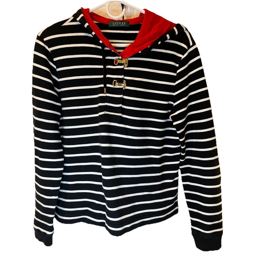 Lauren Ralph Lauren Nautical Striped Hoodie Red Black White Toggle Top Coastal S